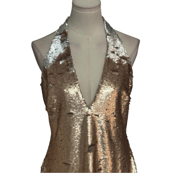 Alexia Admor Gold Silver Sequin V-Neck Halter Party Event Dress Size 8 Holiday - Picture 3 of 8